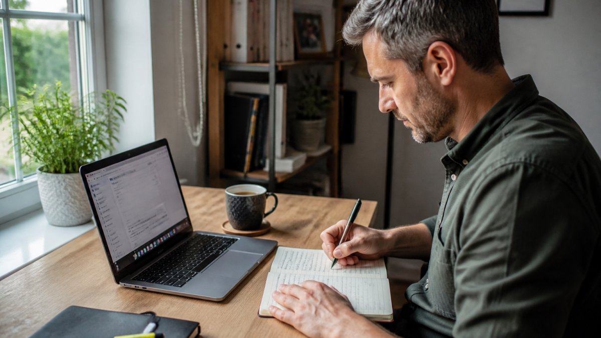 A person in their thirties working at a home desk with a laptop showing a marketing dashboard, a notebook with handwritten goals, and a cup of tea, natural window light