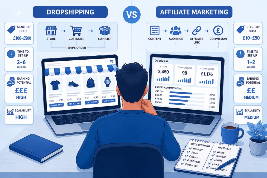 Entrepreneur at a desk comparing dropshipping vs affiliate business models on dual laptop screens.