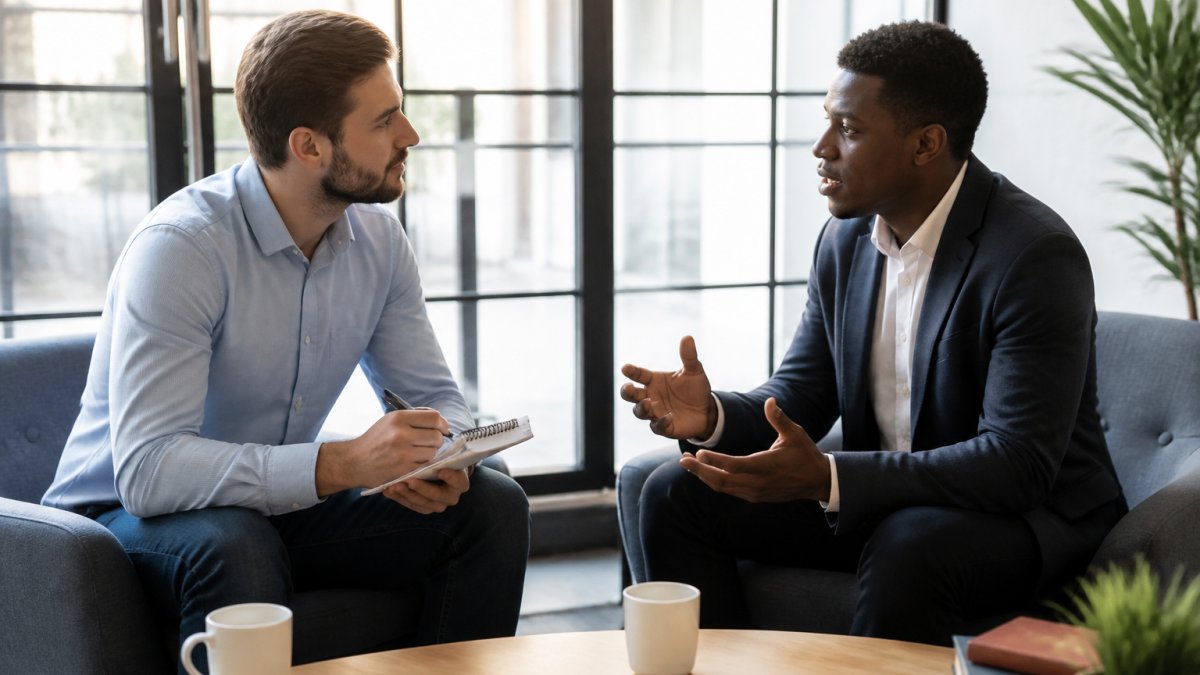 Two professionals discuss how to identify target audience whilst taking notes in a bright, modern office.