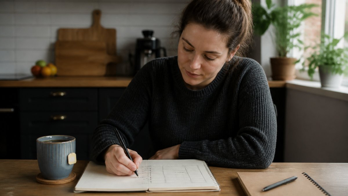 A person at a kitchen table with a notebook, pen and laptop, sketching a simple grid of options and criteria, with a cup of tea beside them