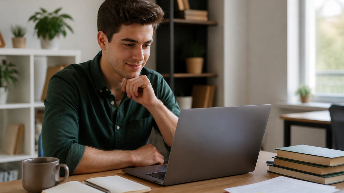 A young graduate sitting at a desk with a laptop open to a portfolio website, surrounded by notebooks and a coffee cup, looking focused and confident