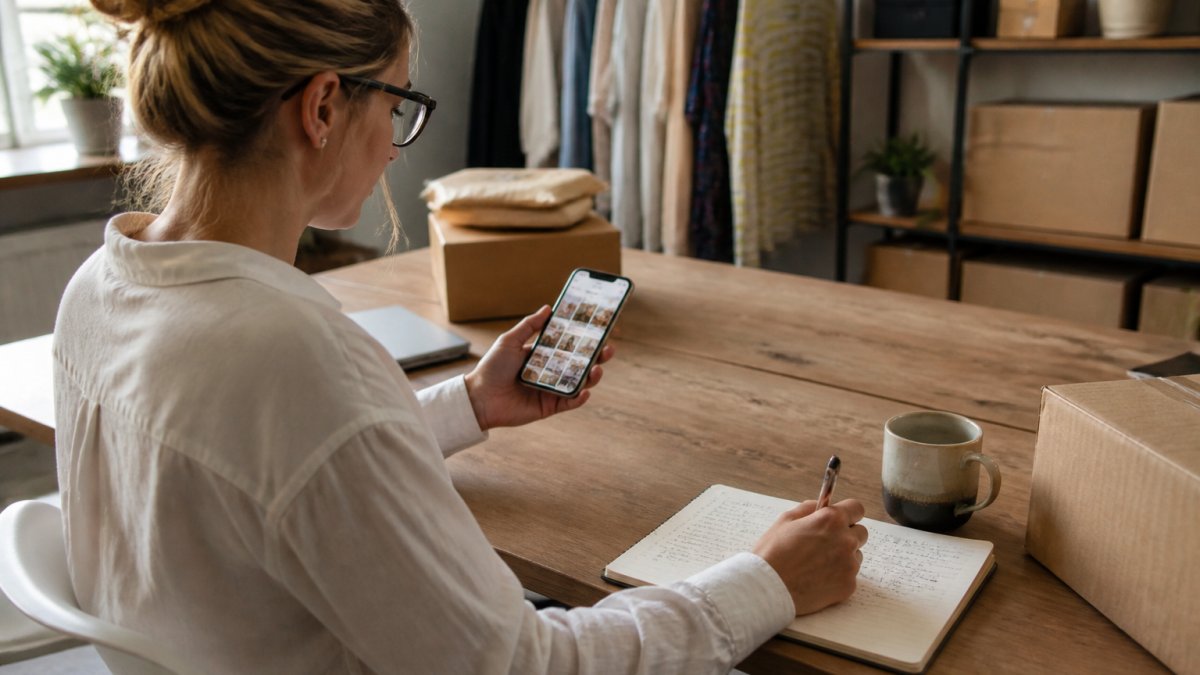 Business owner comparing email marketing vs social media strategies on a laptop and smartphone in a bright office.