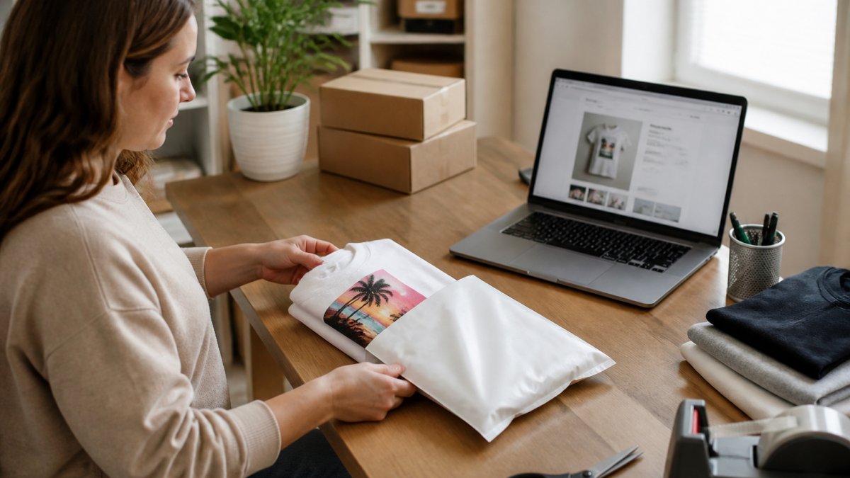 A person at a tidy home desk packing a printed t-shirt into a mailer bag, laptop showing an online store open beside them, natural daylight